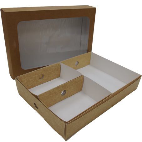 BANDEJA CARTON BIO KRAFT/BLANCO 310x220x78mm PARA DIVISION interior DE CAJA VWPLATL PARA CATERING, CANAPES, SANDWICH