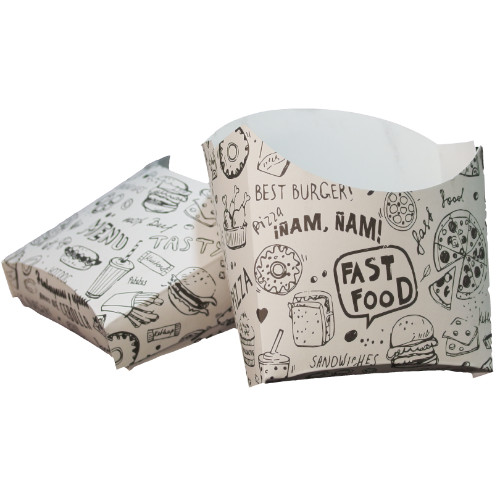 CAJAS/PETACAS CARTON FOLDING 210gr diseo FASTFOOD 100X40X110mm PARA PATATAS FRITAS