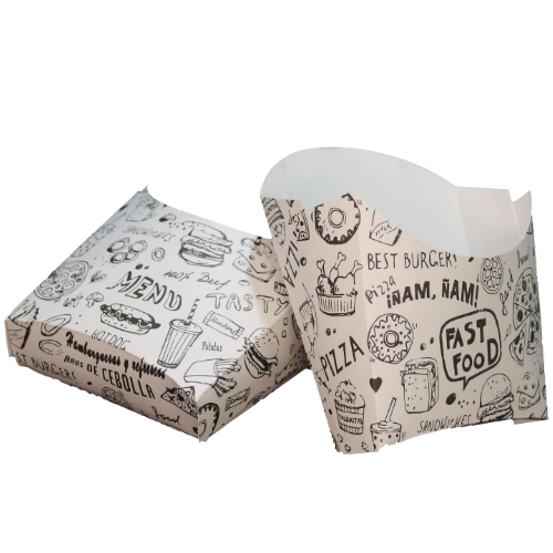 CAJAS/PETACAS CARTON FOLDING 210gr diseo FASTFOOD 100X40X110mm PARA PATATAS FRITAS
