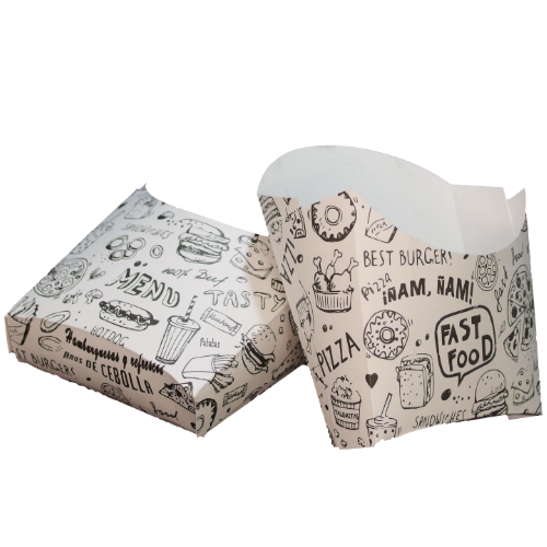 CAJAS/PETACAS CARTON FOLDING 210gr diseo FAST FOOD 100X40X110mm PARA PATATAS FRITAS