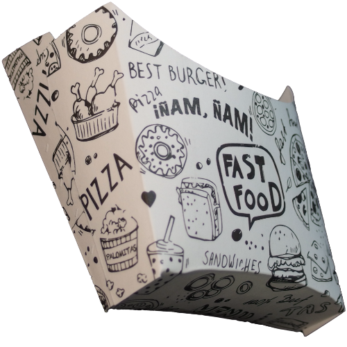 CAJAS/PETACAS CARTON FOLDING 210gr diseo FASTFOOD 100X40X110mm PARA PATATAS FRITAS