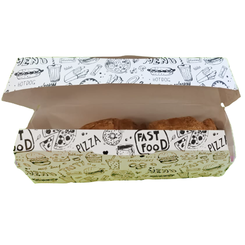 CAJA CARTON FOLDING 225gr diseño FAST FOOD 203X90X69mm PARA PERRITO CALIENTE Fondo 170x70mm