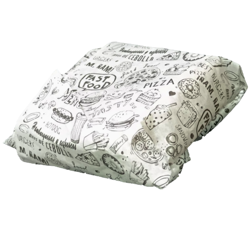 FORMATOS PAPEL ANTIGRASA DISEÑO FAST FOOD 32gr 290X400mm PARA ENVOLVER HAMBURGUESAS
