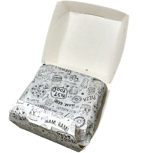 FORMATOS PAPEL ANTIGRASA DISEÑO FAST FOOD 32gr 290X400mm PARA ENVOLVER HAMBURGUESAS