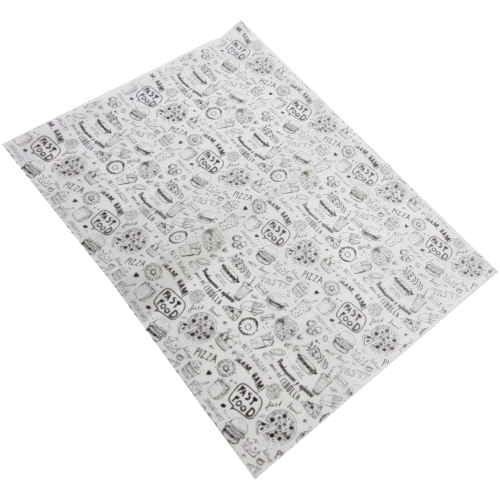FORMATOS PAPEL ANTIGRASA DISEÑO FAST FOOD 32gr 290X400mm PARA ENVOLVER HAMBURGUESAS
