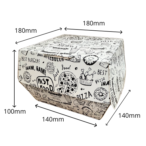 CAJA cónica CARTON FOLDING 225gr DISEÑO FAST FOOD 180X180X100mm PARA HAMBURGUESAS fondo 140x140mm XL