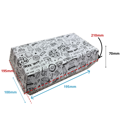 CAJA CARTON FOLDING 235gr diseño FAST FOOD 210X115X70mm PARA SERRANITO Fondo 195x100mm