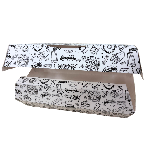 CAJA CARTON FOLDING 235gr diseño FAST FOOD 210X115X70mm PARA SERRANITO Fondo 195x100mm