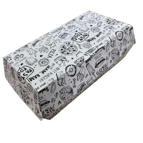CAJA CARTON FOLDING 235gr diseño FAST FOOD 210X115X70mm PARA SERRANITO Fondo 195x100mm